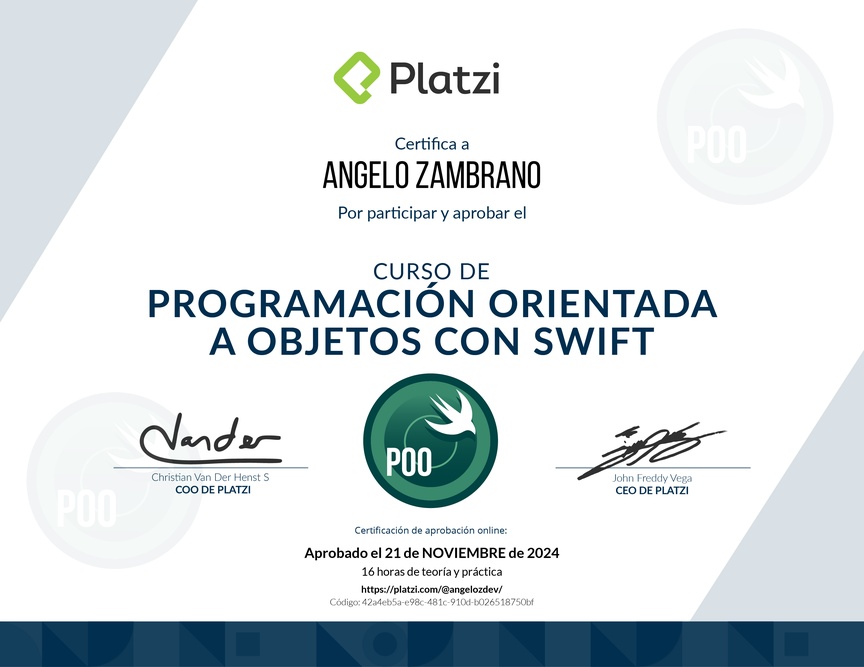 Diploma del Curso de Programación Orientada a Objetos en Swift