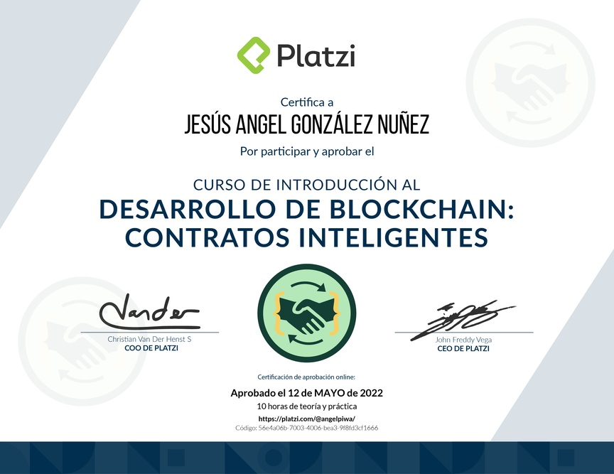 Diploma del Curso de Introducción al Desarrollo Blockchain: Smart Contracts