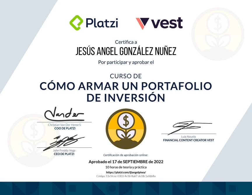Diploma del Curso de Cómo Armar un Portafolio de Inversión con Vest