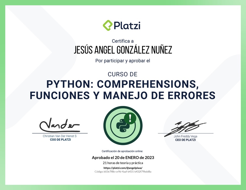 Diploma del Curso de Python: Comprehensions, Funciones y Manejo de Errores