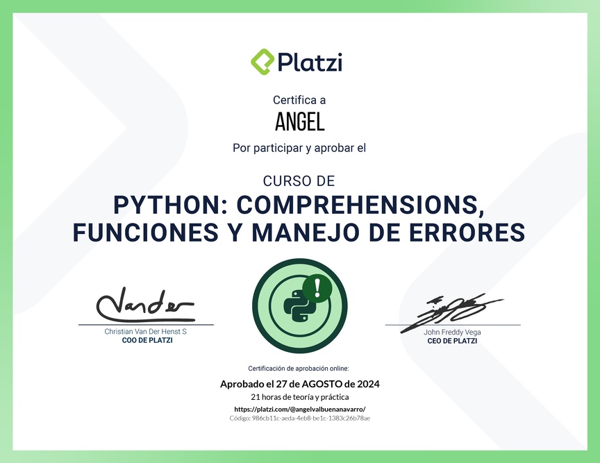 Diploma del Curso de Python: Comprehensions, Funciones y Manejo de Errores