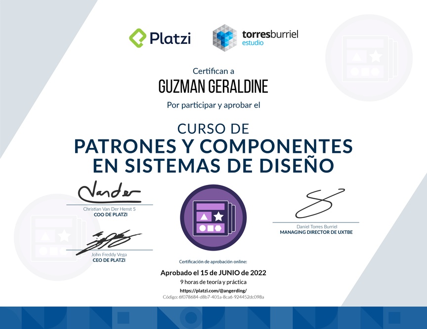 Diploma del Curso de Patrones y Componentes en Sistemas de Diseño