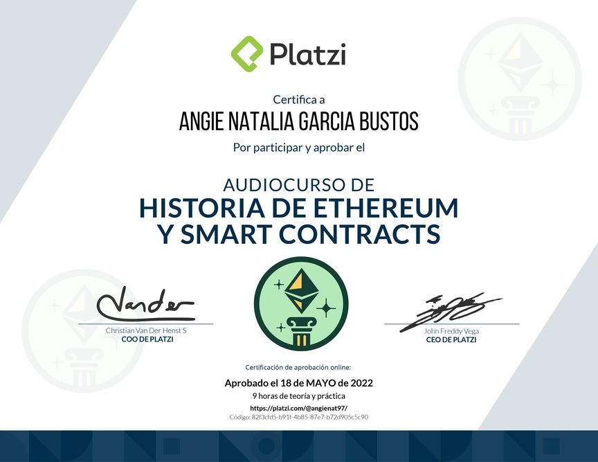 Diploma de Audiocurso de Historia de Ethereum y Smart Contracts