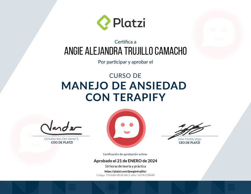 Diploma del Curso de Manejo de Ansiedad con Terapify