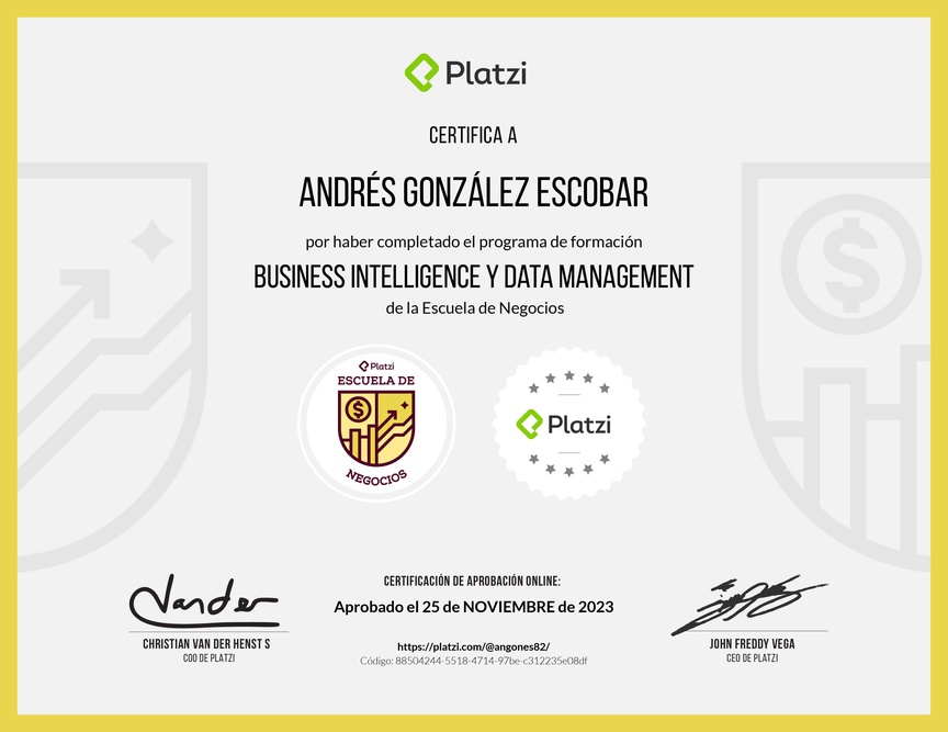 Diploma de la Ruta de Aprendizaje de Business Intelligence y Data Management