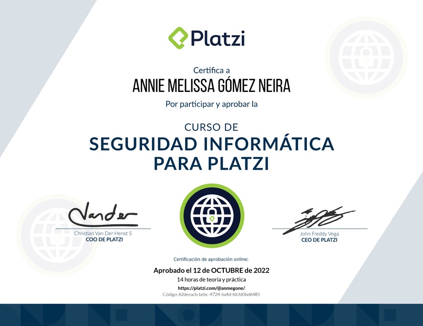 Diploma del Curso de Seguridad Informática para Platzi