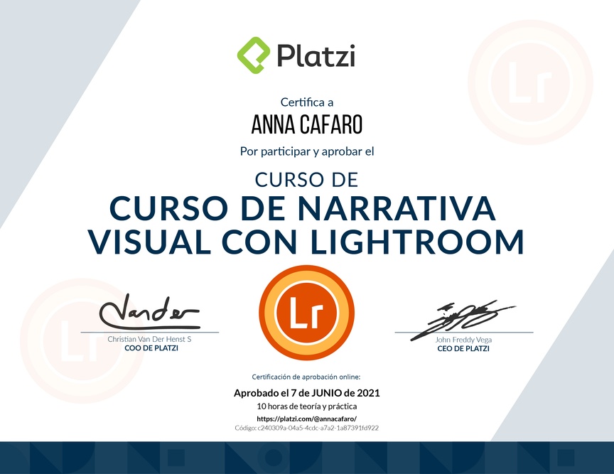 Diploma del Curso de Narrativa Visual con Lightroom