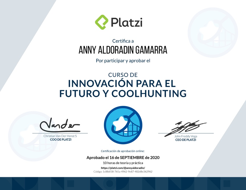 Diploma del Curso de Innovación para el Futuro y Coolhunting