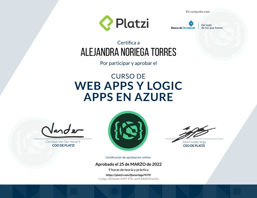 Diploma del Curso de Web Apps y Logic Apps en Azure