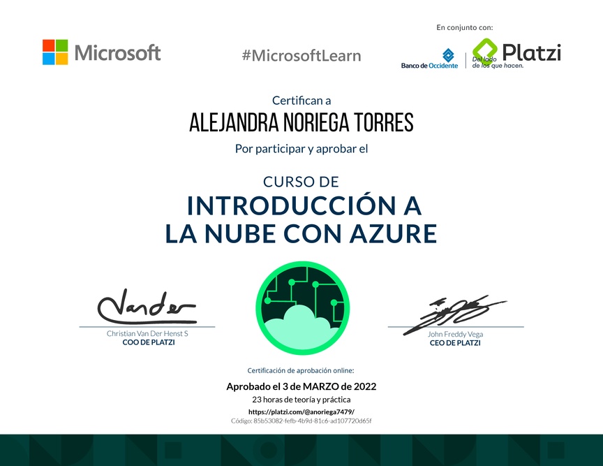 Diploma del Curso de Introducción a la Nube con Azure