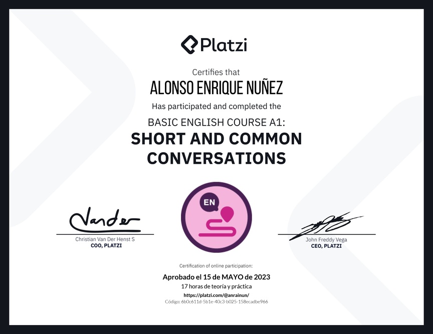 Diploma del Curso de Inglés Básico A1: Conversaciones Cortas y Habituales (2020)