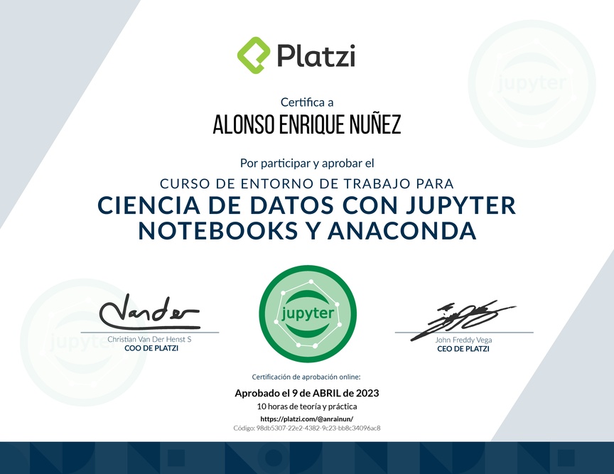 Diploma del Curso de Entorno de Trabajo para Ciencia de Datos con Jupyter Notebooks y Anaconda