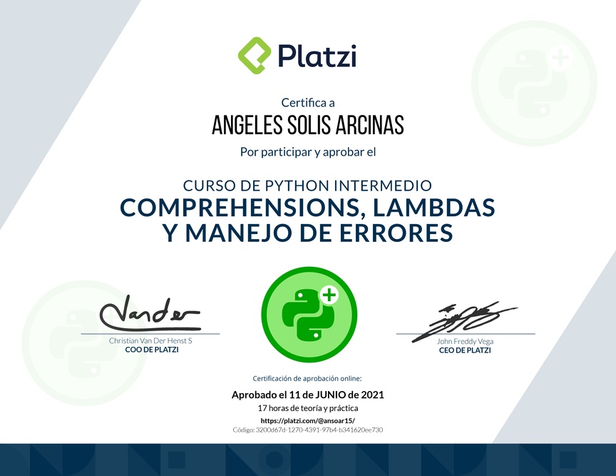 Diploma del Curso de Python Intermedio: Comprehensions, Lambdas y Manejo de Errores