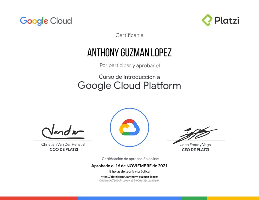 Diploma del Curso de Introducción a Google Cloud Platform