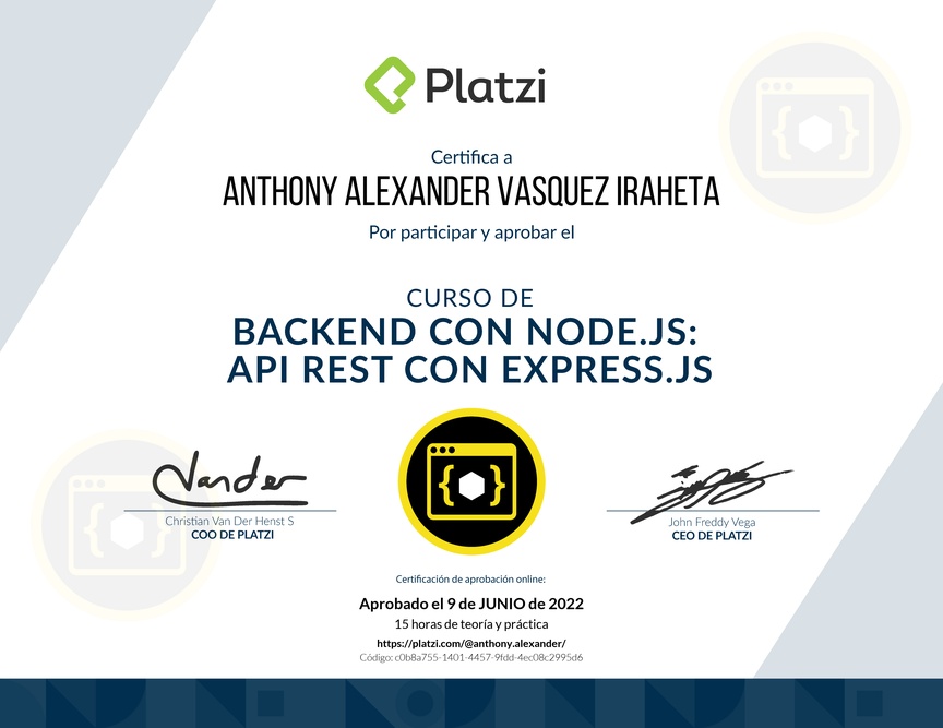 Diploma del Curso de Backend con Node.js: API REST con Express.js