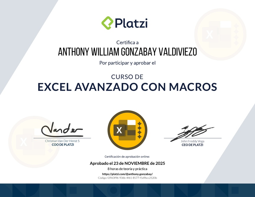 Diploma del Curso de Excel Avanzado con Macros