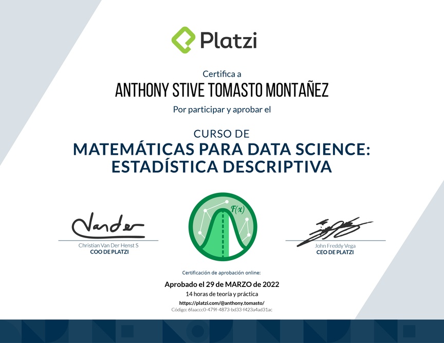 Diploma del Curso de Matemáticas para Data Science: Estadística Descriptiva