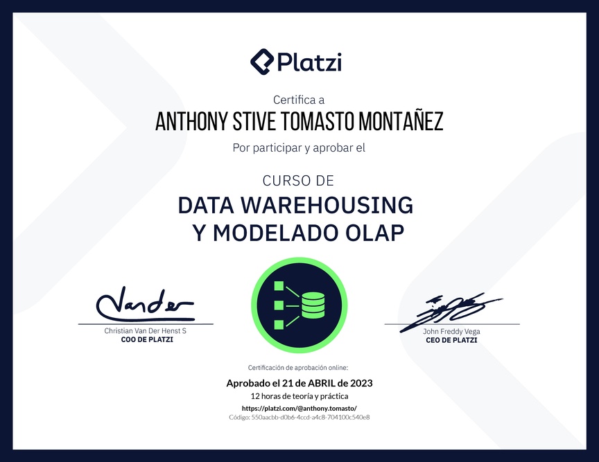 Diploma del Curso de Data Warehousing y Modelado OLAP