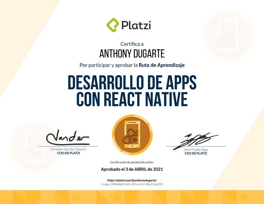 Diploma de la Ruta de Aprendizaje de Desarrollo de Apps con React Native