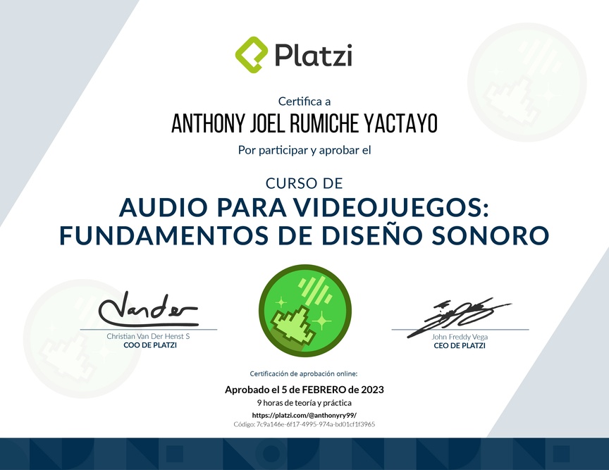Diploma del Curso de Audio para Videojuegos: Fundamentos de Diseño Sonoro