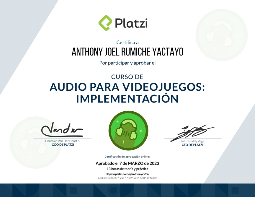 Diploma del Curso de Audio para Videojuegos: Implementación