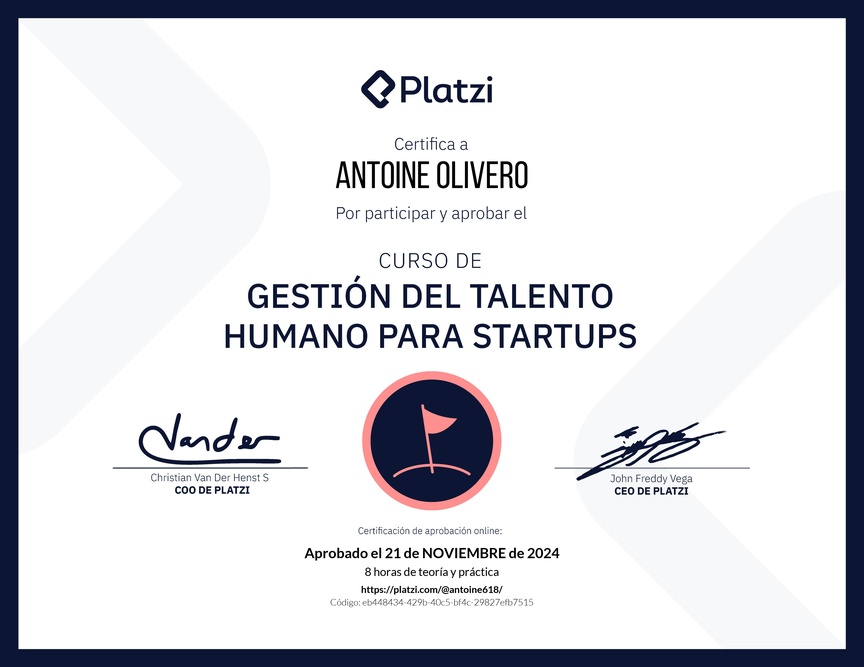 Diploma del Curso de Gestión del Talento Humano para Startups