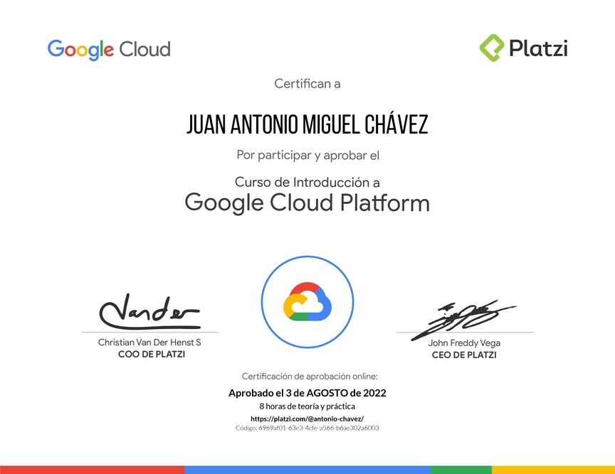 Diploma del Curso de Introducción a Google Cloud Platform