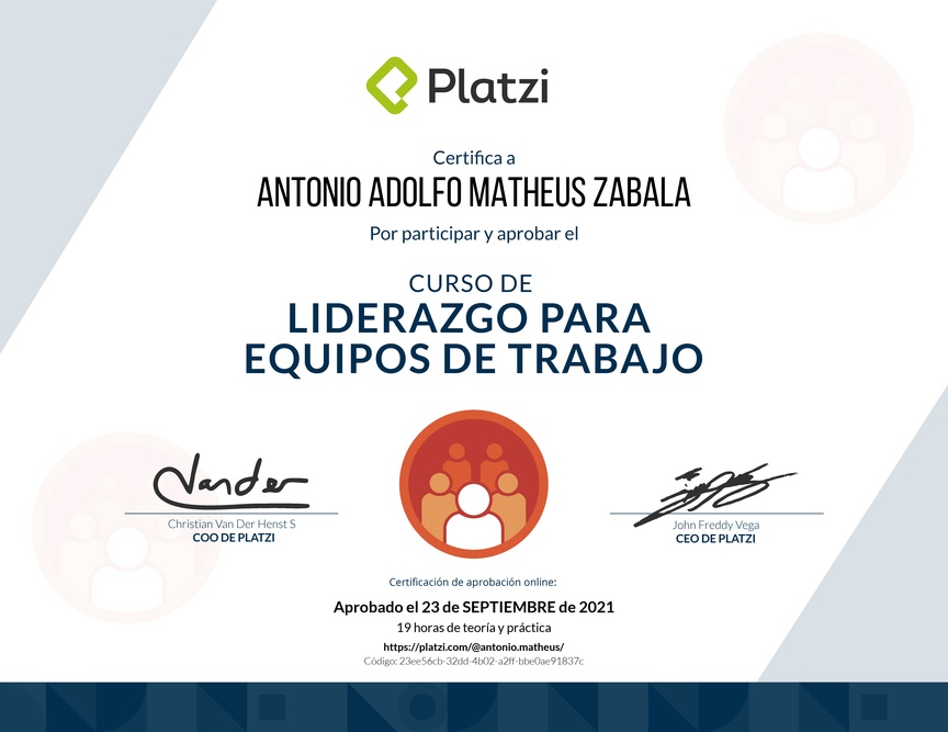 Diploma del Curso de Liderazgo para Equipos de Trabajo