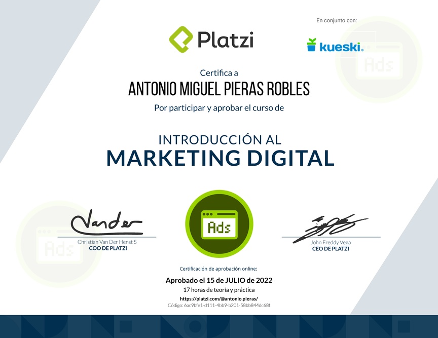 Diploma del Curso de Introducción al Marketing Digital (2018)