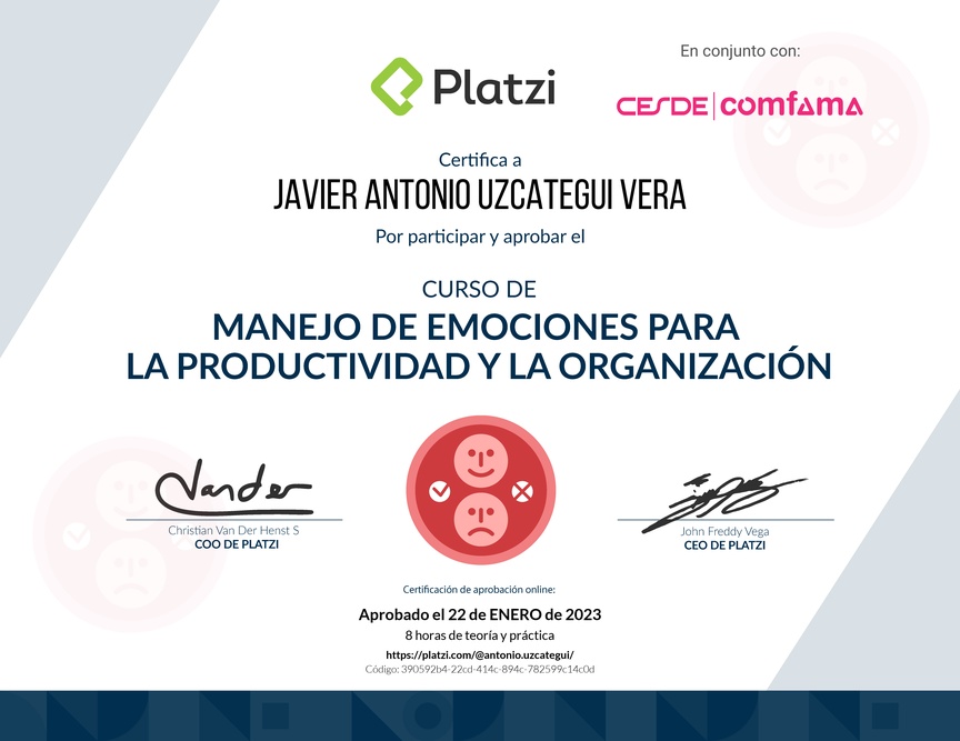 Diploma del Curso de Manejo de Emociones para la Productividad y la Organización