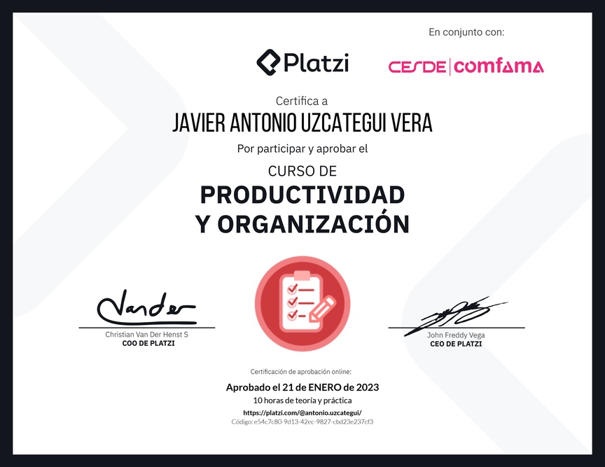 Diploma del Curso de Productividad y Organización