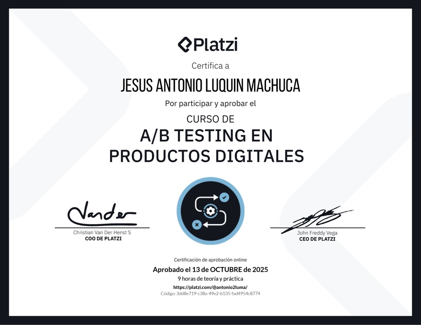 Diploma del Curso de A/B Testing en Productos Digitales