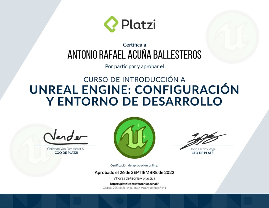 Diploma del Curso de Introducción a Unreal Engine: Configuración y Entorno de Desarrollo