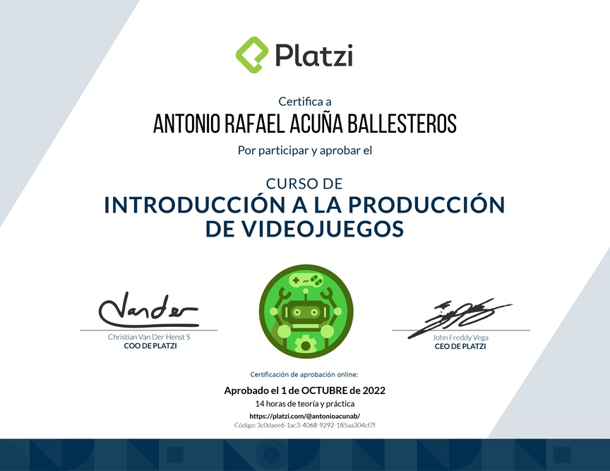 Diploma del Curso de Introducción a la Producción de Videojuegos
