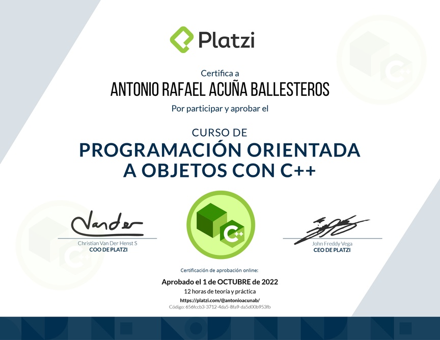 Diploma del Curso de Programación Orientada a Objetos con C++