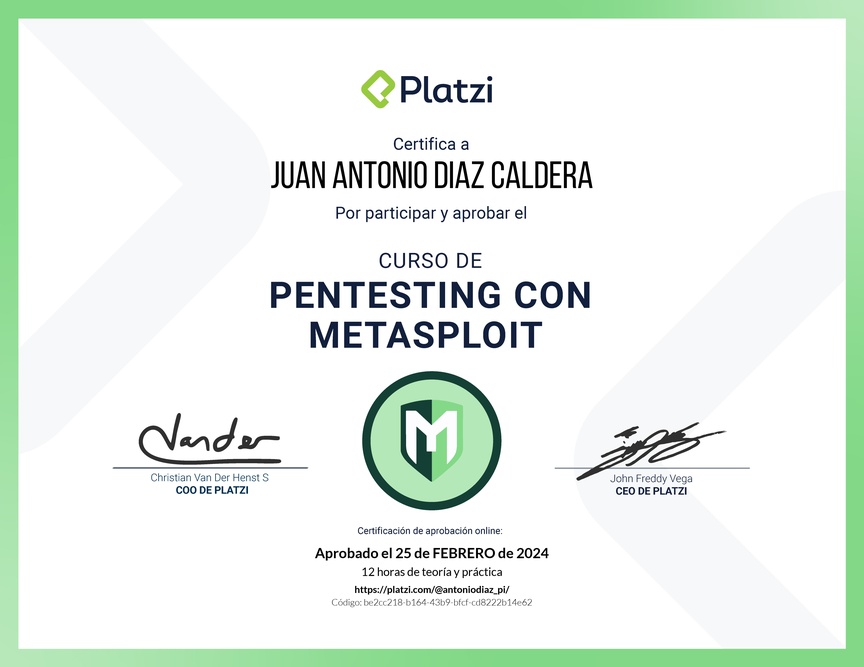 Diploma del Curso de Hacking: Pentesting con Metasploit