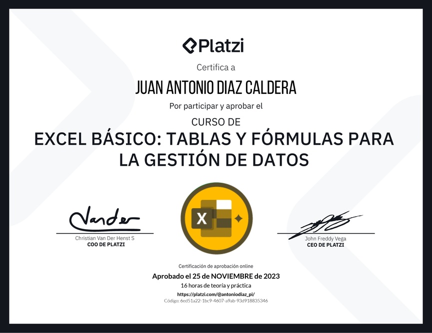 Diploma del Curso de Excel Básico: Tablas y Fórmulas para la Gestión de Datos