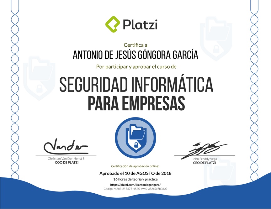 Diploma del Curso de Seguridad Informática para Empresas 2018