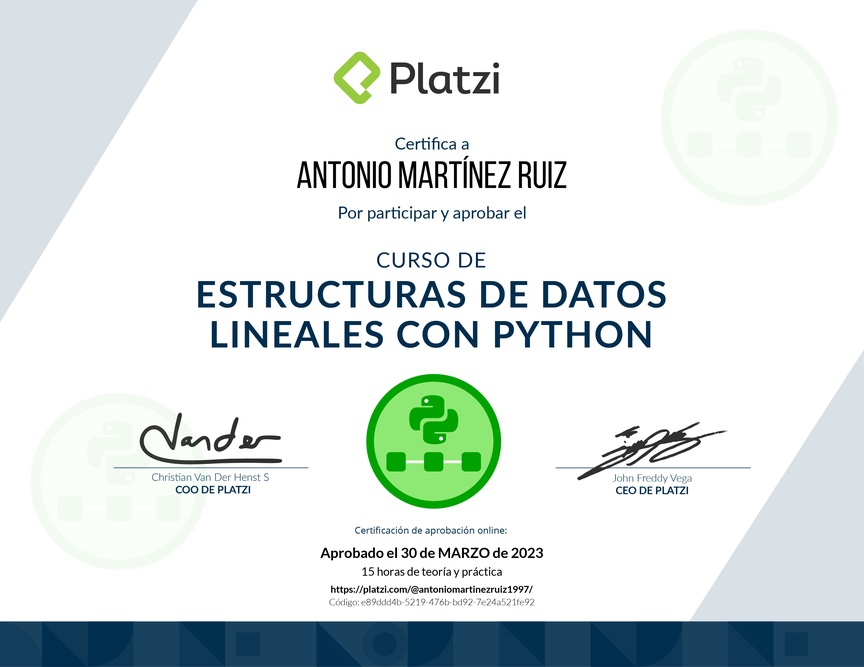 Diploma del Curso de Estructuras de Datos Lineales con Python