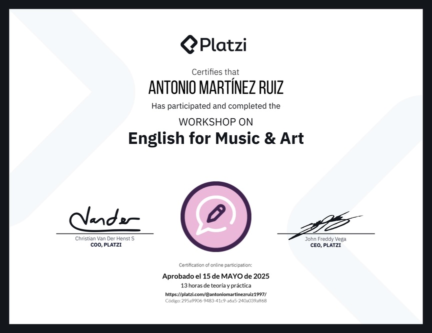 Diploma del Curso de Inglés Práctico sobre Vocabulario de Música y Arte