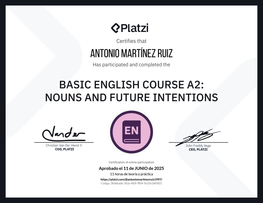 Diploma del Curso de Inglés Básico A2: Sustantivos e Intenciones Futuras