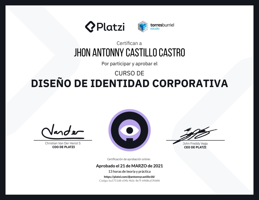 Diploma del Curso de Diseño de Identidad Corporativa
