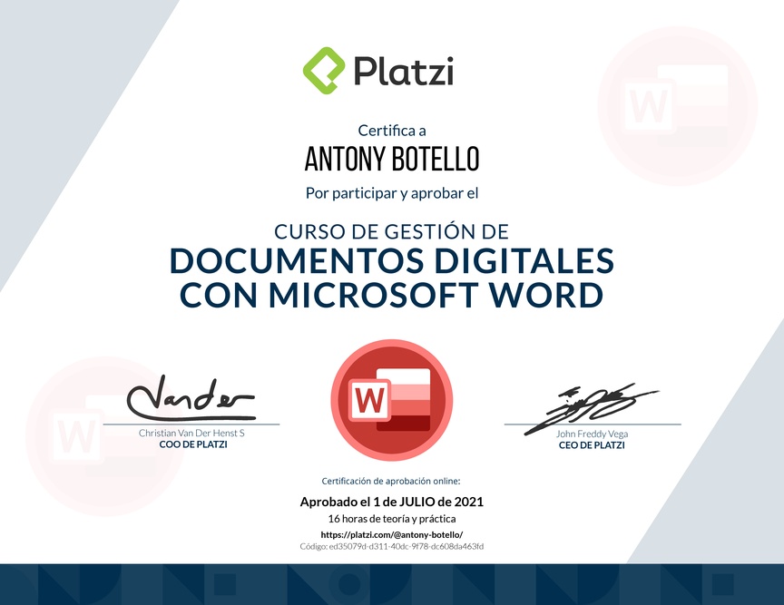Diploma del Curso de Gestión de Documentos Digitales con Microsoft Word