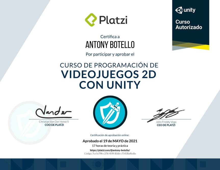 Diploma del Curso de Programación de Videojuegos 2D con Unity