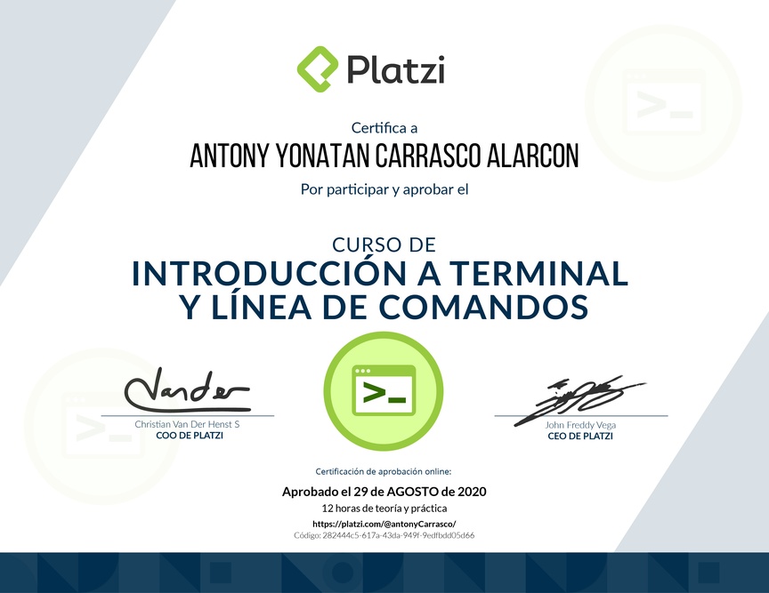 Diploma del Curso de Introducción a la Terminal y Línea de Comandos 2019
