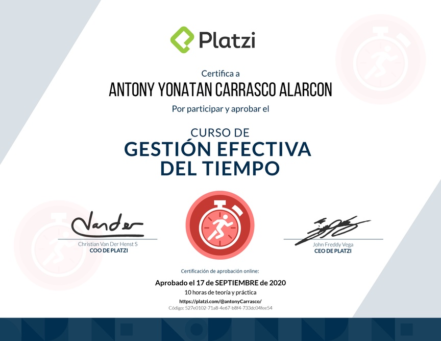 Diploma del Curso de Gestión Efectiva del Tiempo