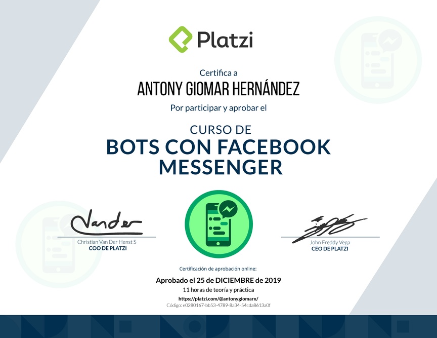 Diploma del Curso de Bots con Facebook Messenger