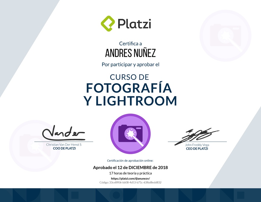Diploma del Curso de Fotografía y Lightroom 2017