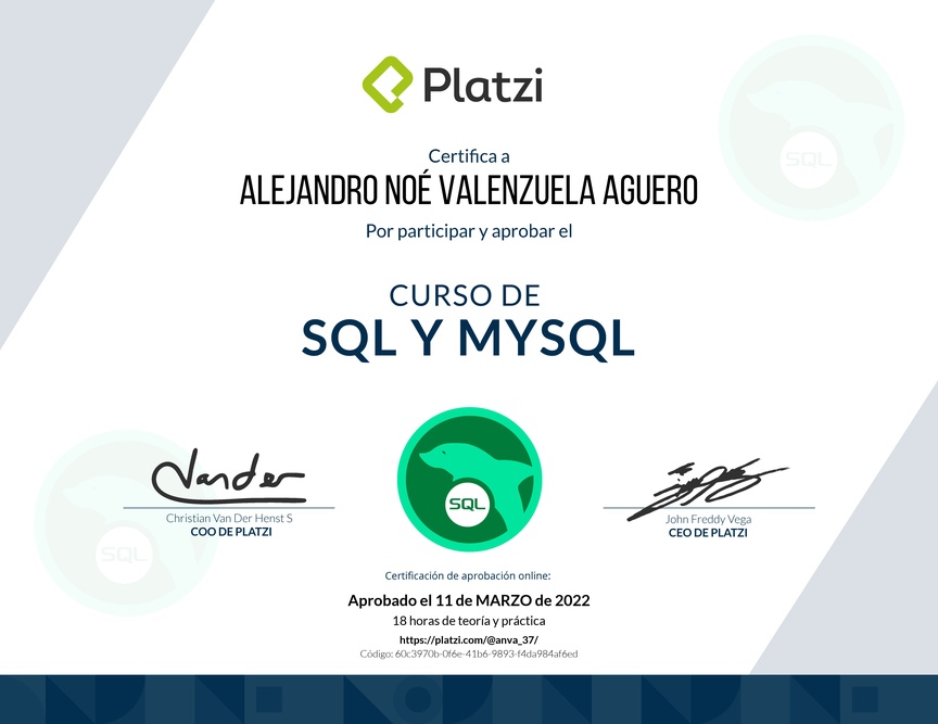 Diploma del Curso de SQL y MySQL 2018