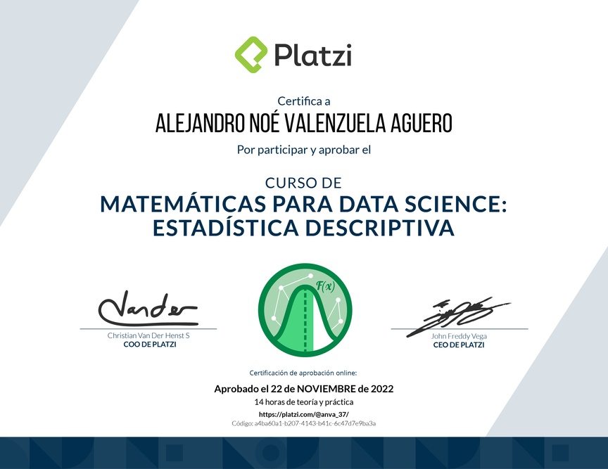 Diploma del Curso de Matemáticas para Data Science: Estadística Descriptiva